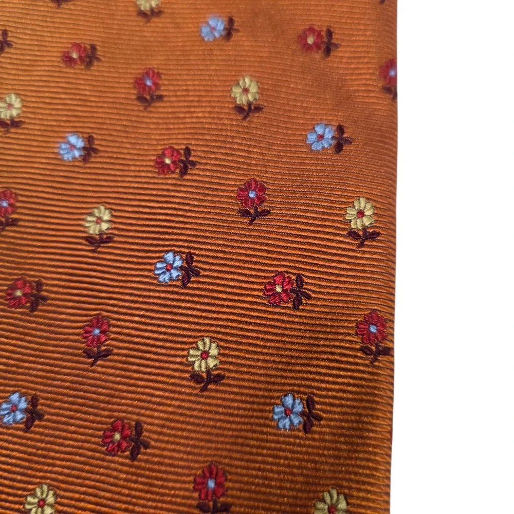 Les Copains Mens Necktie‎ Orange Silk Floral Striped Embroidered Long Luxury